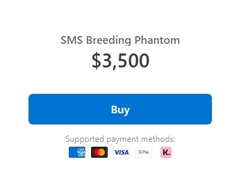 Stripe checkout button for the SMS Breeding Phantom priced at \$3,500 with supported payment options.